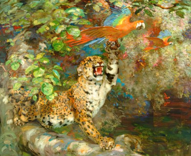 A Jaguar and Macaws (or 'Just Missed' or 'On The Banks of The Orinoco), 1900-1924. Creator: William Walls.