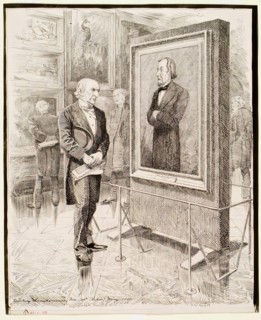 W.E. Gladstone Looking at a Portrait of Disraeli, Lord Beaconsfield, by Sir J.E. Millais, 1881. Creator: Edward Linley Sambourne.