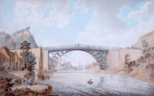The Cast Iron Bridge near Coalbrook Dale In the County of Salop, 1760-1801. Creator: Michael Angelo Rooker.