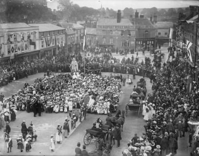 Large crowd in the Market Place to welcome Prince and Princess of Wales, Wantage, Oxfordshire,1898. Creator: Henry Taunt.