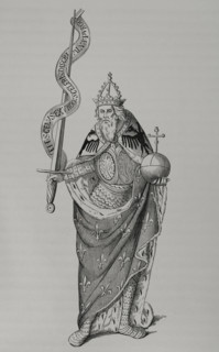 Charlemagne holding the globus cruciger in one hand and the sword in the other, 1878.  Creator: Unknown.