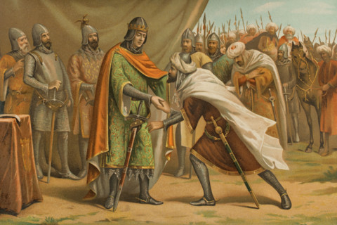 Muhammad I (1194-1273) kissing the hand of the King of Castile, March 1246, (1890).  Creator: Unknown.