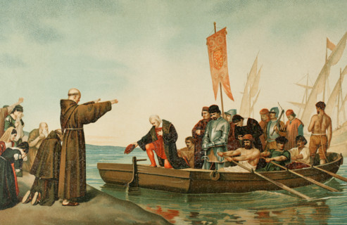 Departure of Columbus from the Port of Moguer on August 3, 1492, (1890), 1890.  Creator: Unknown.