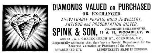 Advertisement for Spink & Son, jewellers, 1895. Creator: Unknown.