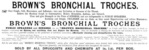 Advertisement for Brown's Bronchial Troches, 1895. Creator: Unknown.