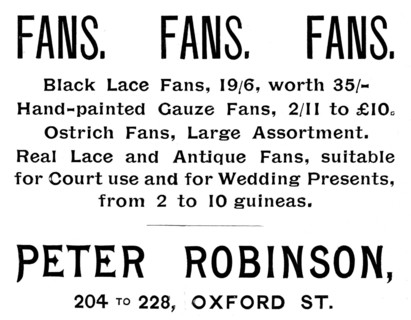 Advertisement for Peter Robinson fans, 1895. Creator: Unknown.