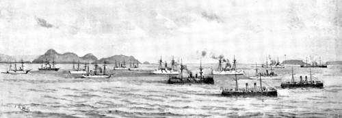 The War in Eastern Asia: men-of-war anchored off Chefoo - a sketch from the shore, 1895. Creator: George Meisenbach.