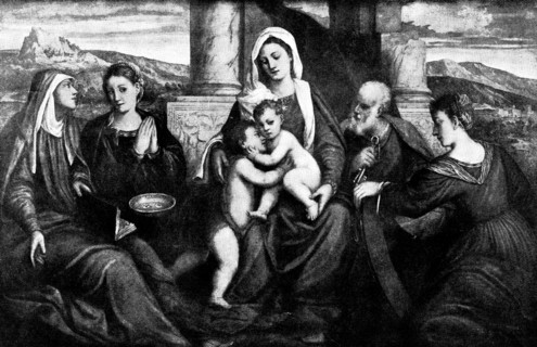 Venetian Art at the New Gallery: The Virgin and Child with Saints - by Bonifazio, 1895. Creator: Unknown.