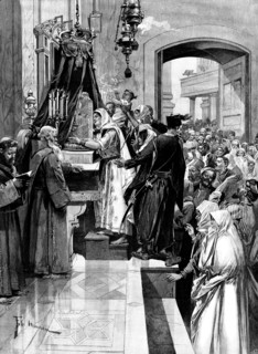 Holy Thursday at the Holy Sepulchre: kissing the column at which Christ was flagellated, 1895. Creator: P Naumann.