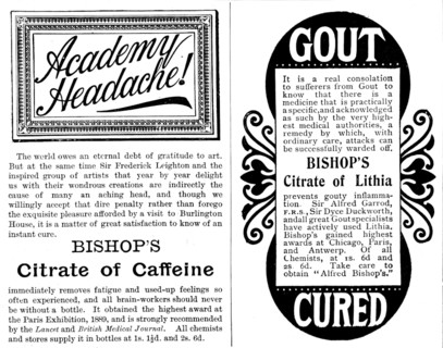 Advertisement for Bishop's Citrate of Caffeine and Citrate of Lithia, 1895. Creator: Unknown.