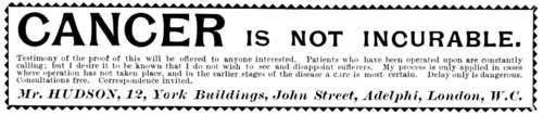Advertisement for Mr. Hudson's cure for cancer, 1895. Creator: Unknown.