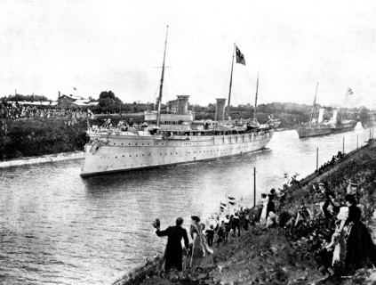 The Kaiser's Yacht, the "Hohenzollern," leading the procession through the Canal, 1895. Creator: George Meisenbach.