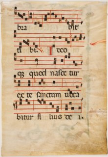 Antiphonary Leaf: Text with Musical Notation with Ornamental Letter, early 14th century. Creator: Unknown.