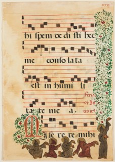 Choral Leaf: Text with Musical Notation, Partial Foliate Border, and Five Franciscan (?) Monks... Creator: Unknown.