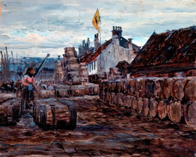 Stacking Salt Herring Barrels, Possibly Portsoy, c1870-1920. Creator: George Sherwood Hunter.