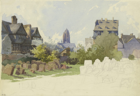 View across the Jewish Cemetery on Battonnstraße in Frankfurt am Main towards St. Barth..., 1862. Creator: Alexander Gwinner.