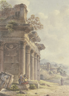 Architectural capriccio: Ruins of a temple facade, landscape with buildings and a bay in the back... Creator: Victor Jean Nicolle.