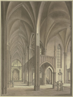 View of a Gothic church with figures in 17th-century costumes, 1776. Creator: Johann Vogelin.