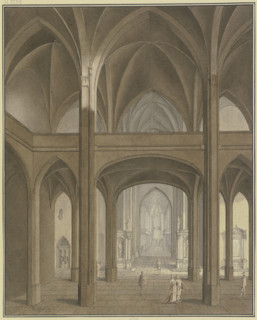 View of the rood screen and choir of a Gothic church with Renaissance altars and..., 1778. Creator: Johann Vogelin.