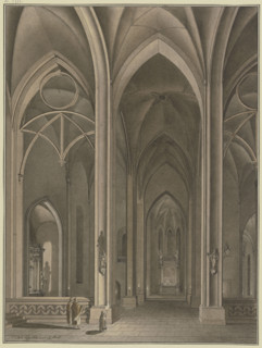 View into the side chapel of a Gothic church, in evening light; in the foreground..., c1776. Creator: Johann Vogelin.