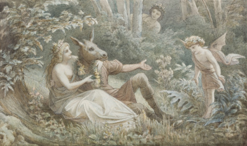 The fairy queen Titania crowns the donkey-headed Nick Bottom sitting next to her, c1883. Creator: Leopold Bode.