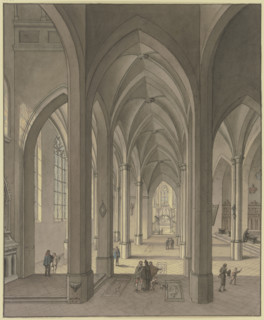 View into the chancel of a three-aisled Gothic hall church with figures in 17th-century costume,1819 Creator: Johann Ludwig Ernst Morgenstern.