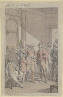 A prince with his retinue at a locked door, next to which sits an exhausted man. Creator: Christian Sambach.