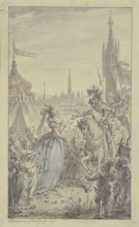 A princess and girls with flowers receive a knight on horseback in front of a tent.. Creator: Christian Sambach.