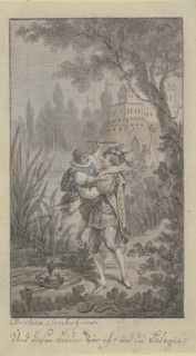 Greeting scene of two men at a castle. Creator: Christian Sambach.