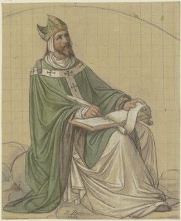 Saint Augustine sitting and writing in a book, 1862. Creator: Leopold Bode.