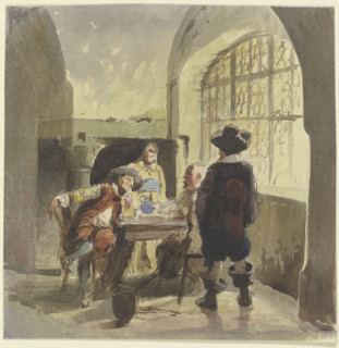 Three soldiers from the time of the Thirty Years' War in a chamber, with a woman present. Creator: Eugen Johann Georg Klimsch.