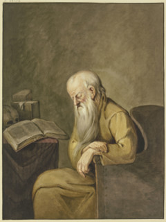 An old man with a long beard has fallen asleep in his chair while reading. Creator: Leffer.