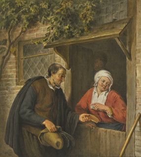 A man gives a piece of cake to a woman standing in the doorway, c18th century Creator: Unknown.