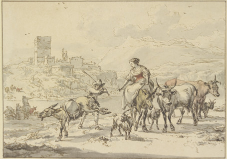Castle ruins by a river, in the foreground a shepherdess on a donkey with cows and goats... Creator: Jan Frans Soolmaker.