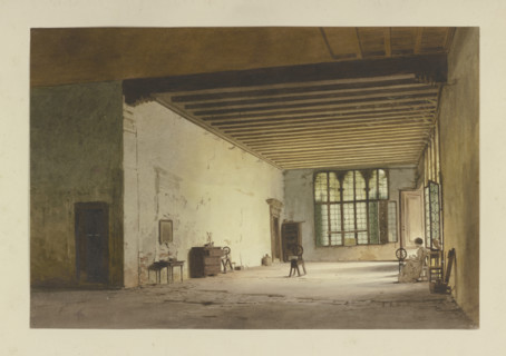 Spacious, sparsely furnished room with three spinning wheels, a spinner at work to the..., c1851. Creator: Carl Theodor Reiffenstein.