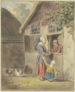 A man speaks at a front door with a woman who is being held by the apron by a child. Creator: Johannes Christiaan Janson.