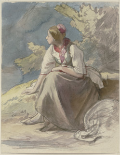 Farm girl sitting on a grass bench facing left, c1830-1872. Creator: Jakob Becker.