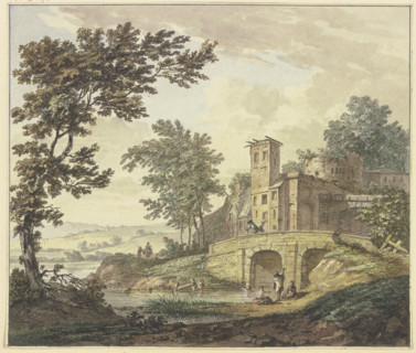 Far a bridge and several buildings, five children are bathing in the water. Creator: Hermanus Numan.