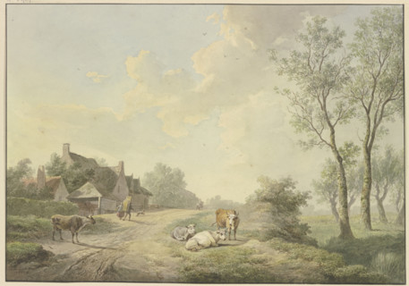 Four cows by a path near farmhouses, 1803. Creator: Abraham Teerlink.