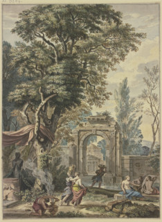 Ancient portal, a statue of Pan with altar on the left, preparations for sacrifice. Creator: Isaac de Moucheron.