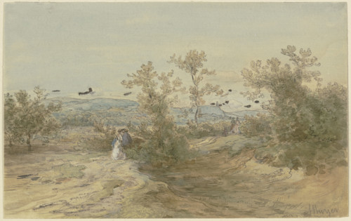 Strollers on a road through a shrub-covered plain, c1850-1905. Creator: Anton Burger.