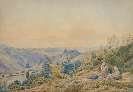 Mountainous landscape with a castle and river, a family resting in the foreground ,  c19th century. Creator: Unknown.