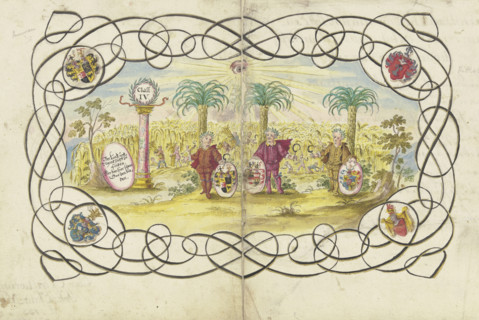 Three boys, holding sickles and coats of arms..., 1733. Creator: Johann Esaias Nilson.