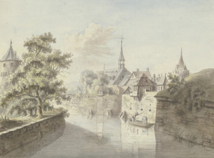 View of the...Frankfurt city moat at Fischerfeld...old Jewish cemetery, mid-late 18th century. Creator: Christian Georg Schutz.