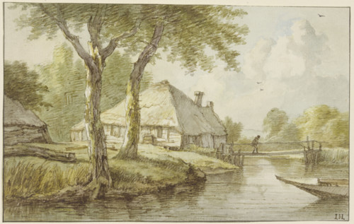 A house by the water, a jetty, the prow of a boat to the right, between two trees. Creator: Jan Hulswit.