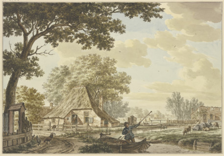 Narrow canal near a village, a man in a boat, cattle on the right, chickens on the left.. Creator: Jacob Cats.
