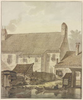 Row of houses by the water, two boats with a fisherman in front. Creator: Johannes H. Knoop.