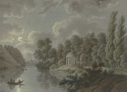 River area with a monopteros in the moonlight, 1811. Creator: T. Lamey.