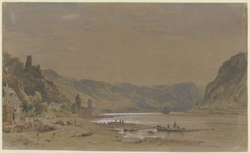 View of Sankt Goarshausen with Maus Castle, the Lorelei Rock in the background, 1853. Creator: Carl Morgenstern.