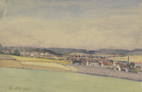View of an industrial town amidst fields and forest, 1880. Creator: Theodor Alt.